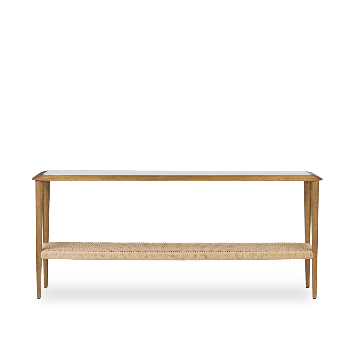 Uma Console Table front view with a warm oak frame, inset glass top and woven paper cord lower shelf.