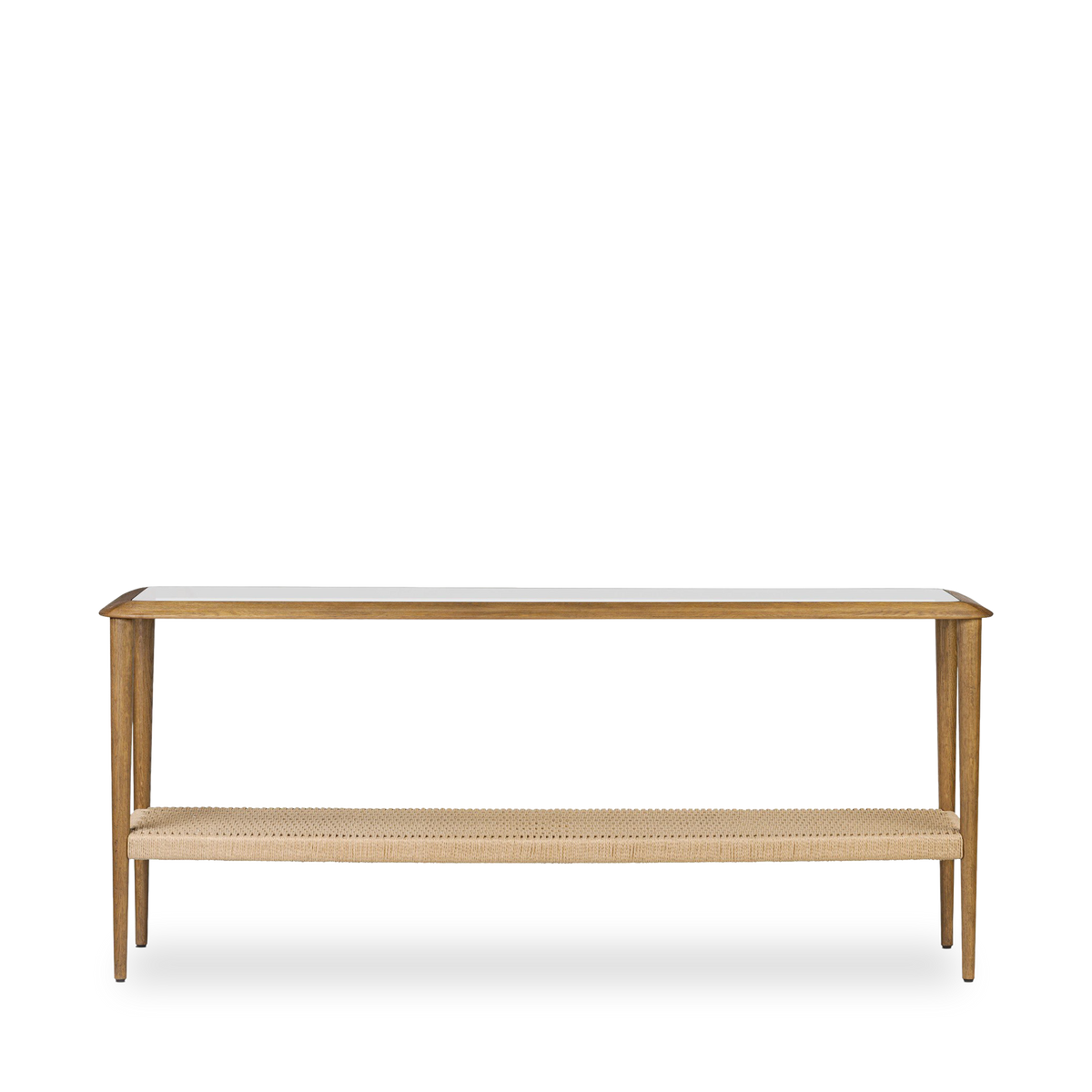 Uma Console Table front view with a warm oak frame, inset glass top and woven paper cord lower shelf.