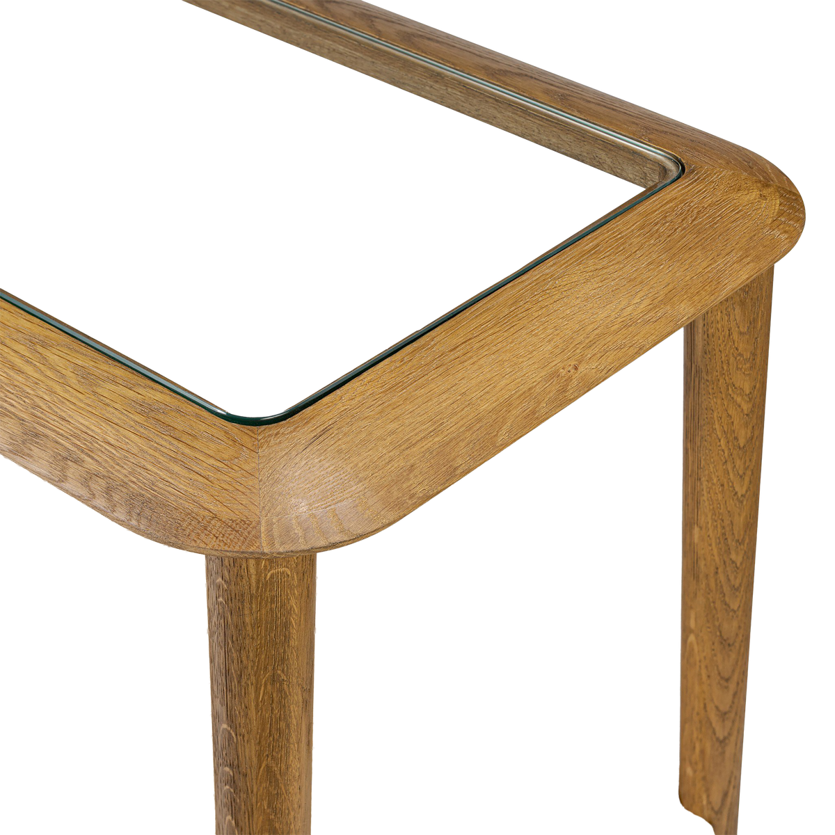 Close-up of the Uma Console Table highlighting the rounded oak frame, natural wood grain and inset glass top.
