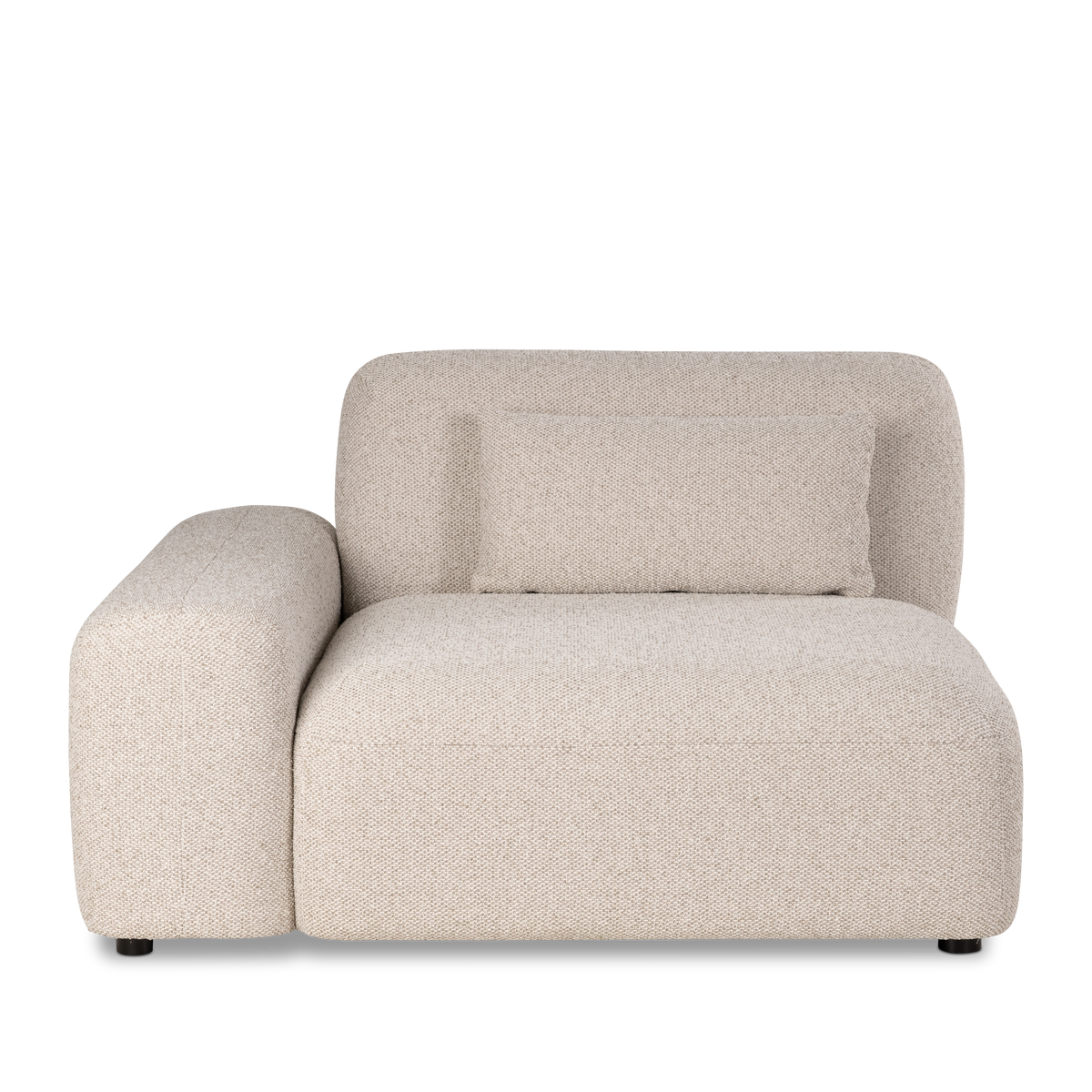 Duncan Modular left-arm-facing section shown straight on from the front in Oatmeal woven fabric, with a wide cushioned seat, lumbar pillow and rounded arm on the left.