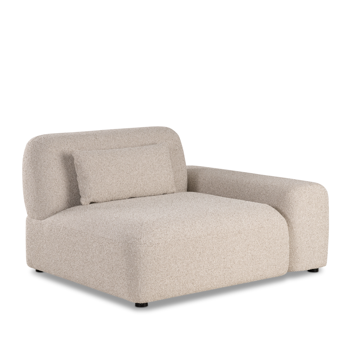 Duncan Modular right-arm-facing section shown from an angled front view in Oatmeal flecked woven fabric, highlighting the low rounded arm, lumbar pillow and deep plush seat.