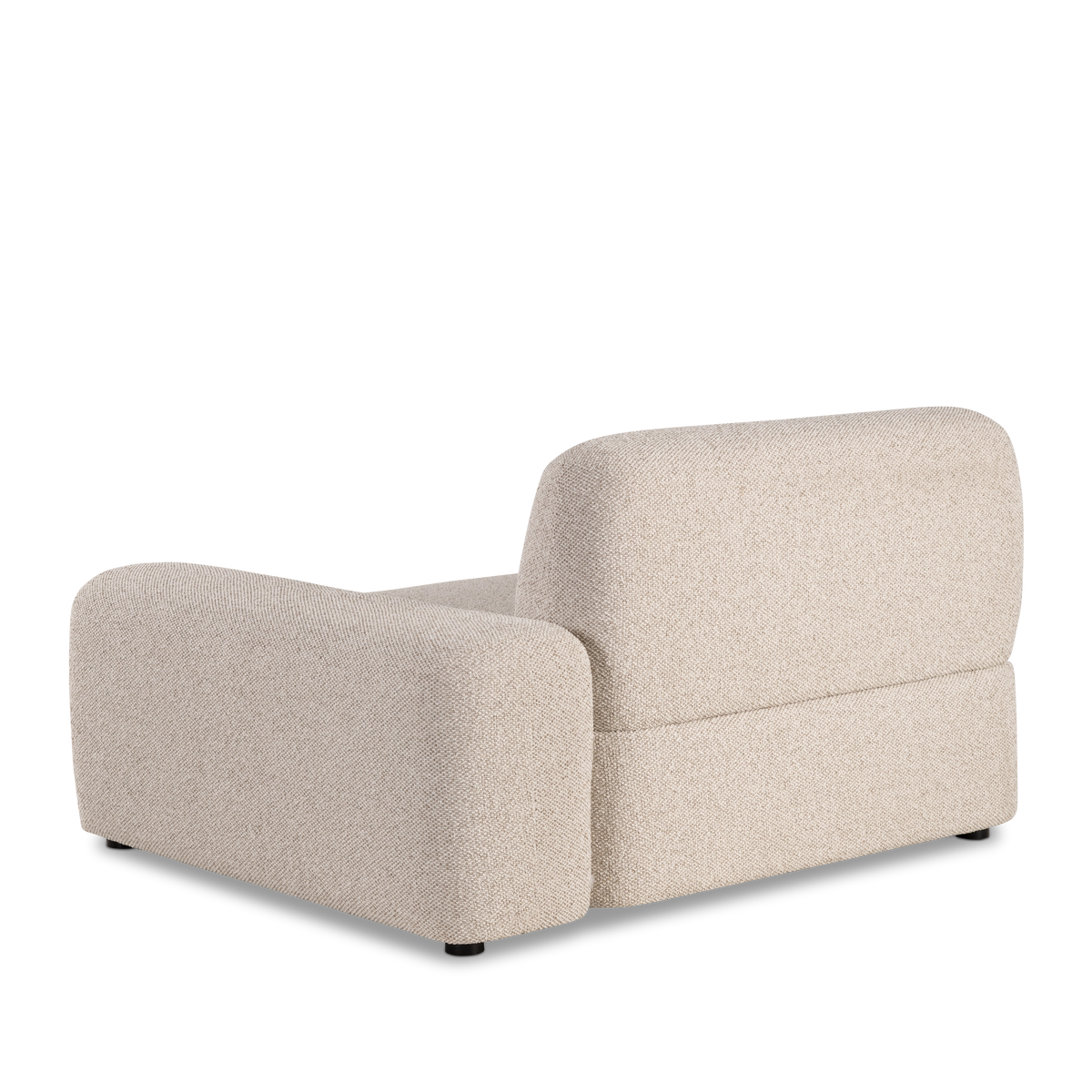 Angled rear view of the Duncan Modular right-arm-facing section in Oatmeal woven fabric, showing the smooth curved back, rounded arm and short black feet.