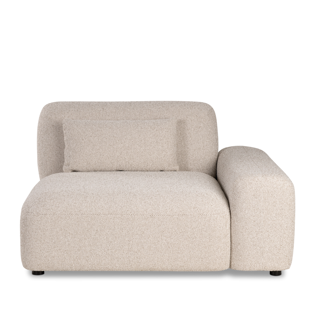 Duncan Modular right-arm-facing section shown straight on from the front in Oatmeal woven fabric, with a wide cushioned seat, lumbar pillow and rounded arm on the right.
