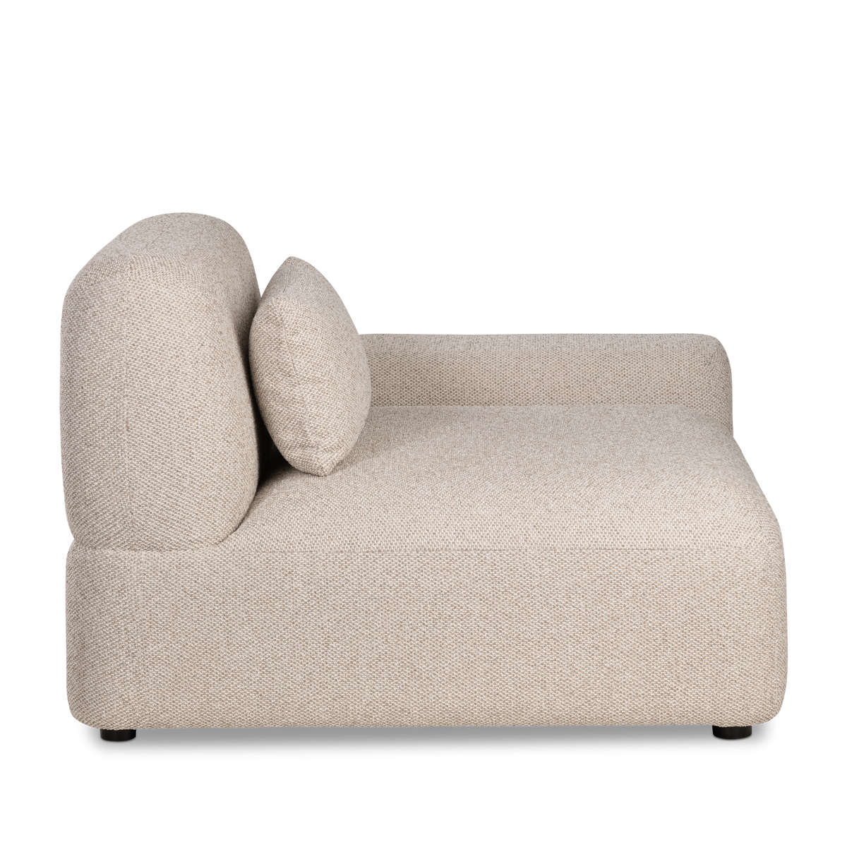 Side profile of the Duncan Modular right-arm-facing section in Oatmeal flecked weave, showing the low arm, upright back cushion, small accent pillow and tailored seam lines.