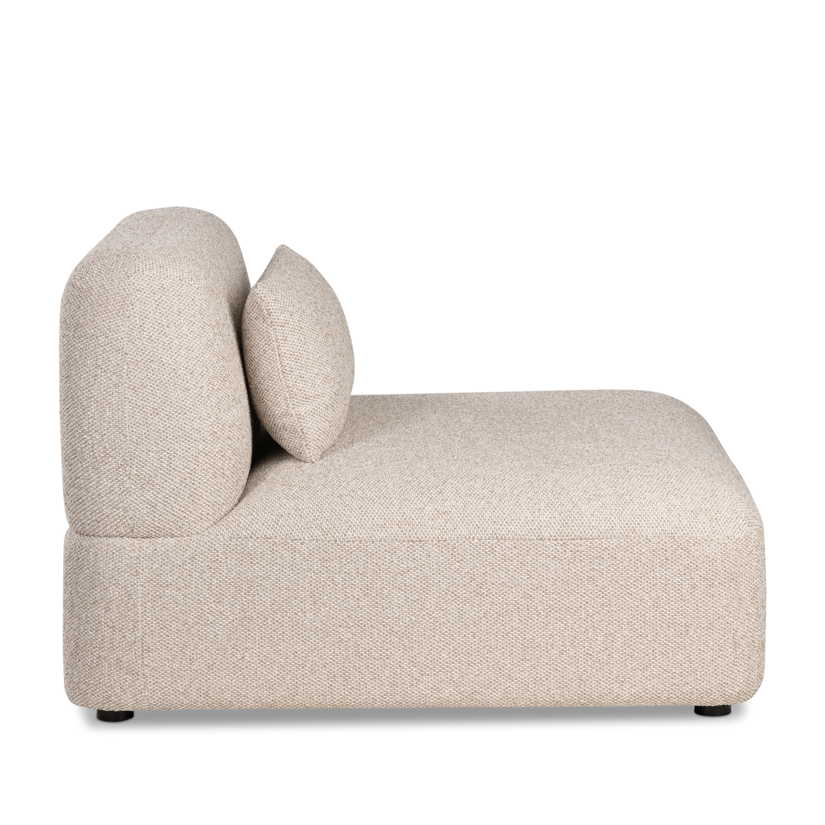 Side profile of the Duncan Modular armless section in Oatmeal woven fabric, showing the low seat, upright back cushion, small accent pillow and short black feet.