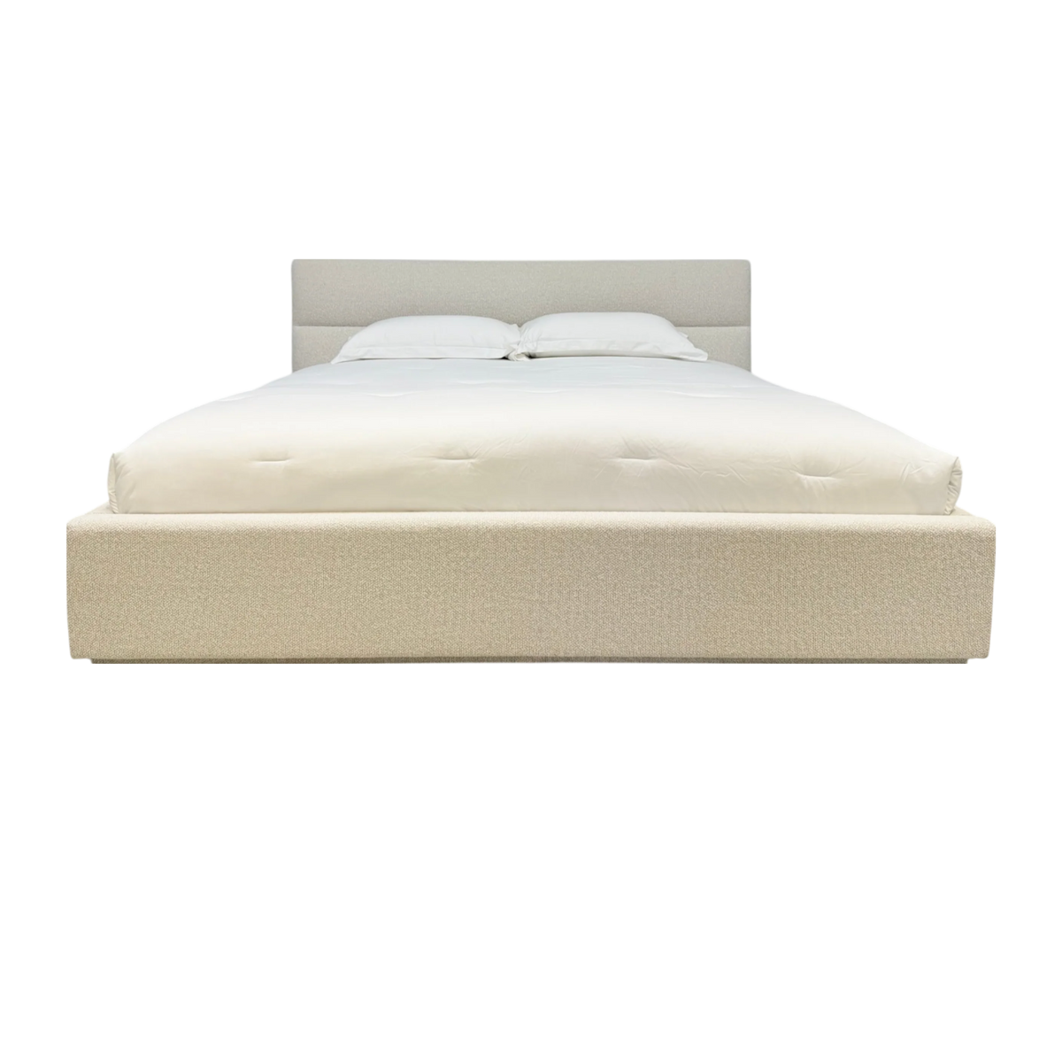 Pearson King Bed upholstered in Lisa Cream ivory fabric with low platform base and rectangular headboard, front view.