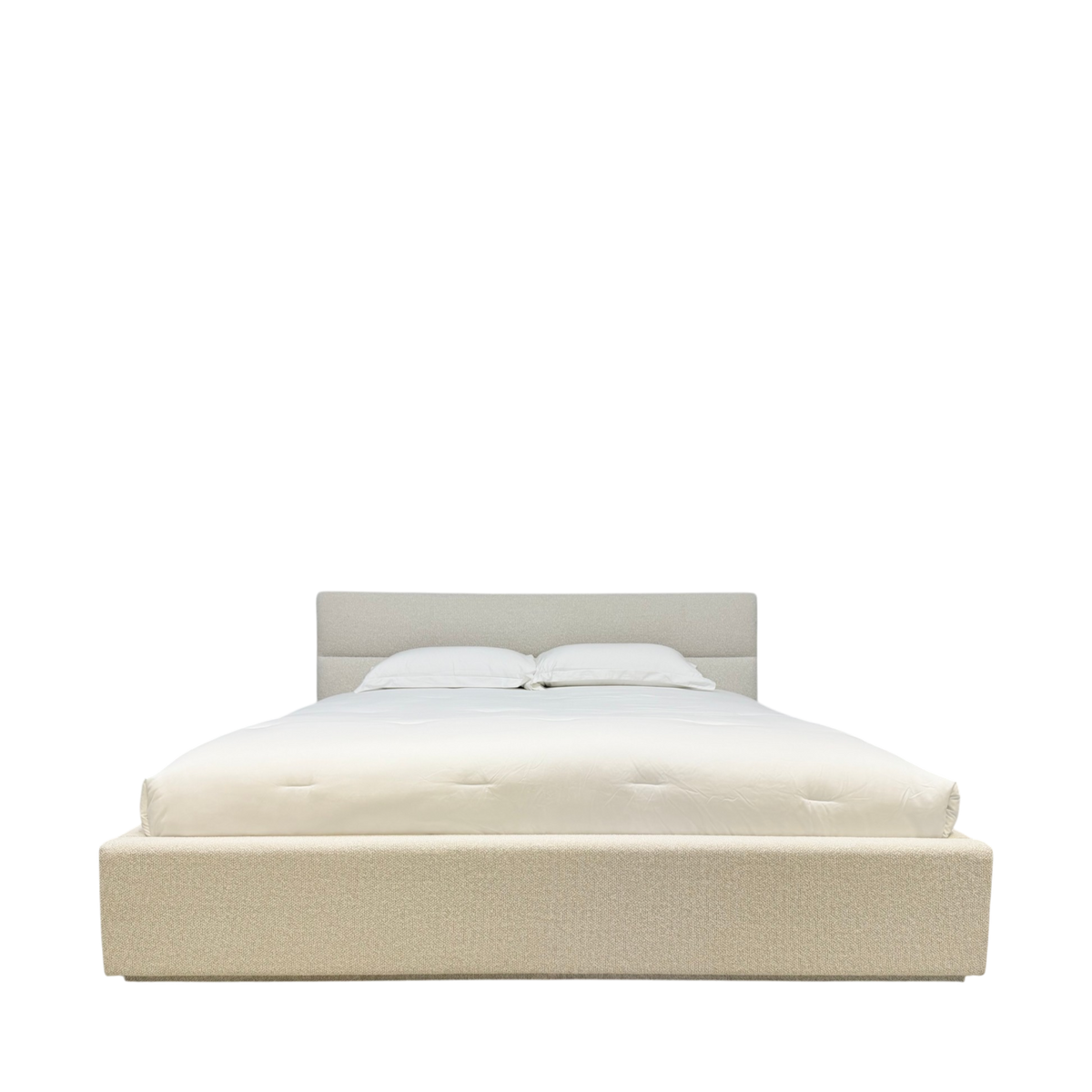 Pearson King Bed upholstered in Lisa Cream ivory fabric with low platform base and rectangular headboard, front view.