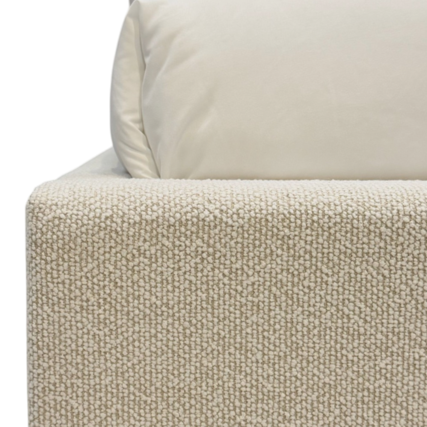 Detail of Lisa Cream upholstery on the Pearson King Bed, highlighting its soft looped texture and neutral ivory tone.