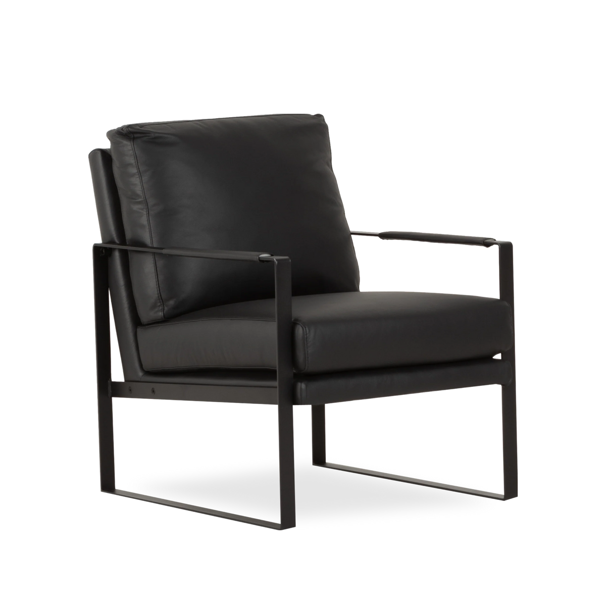 Atwater Lounge Chair in Black leather shown in a front three-quarter view, highlighting the loose pillow-style back cushion, leather-wrapped armrests, and flat-bar metal sled base.