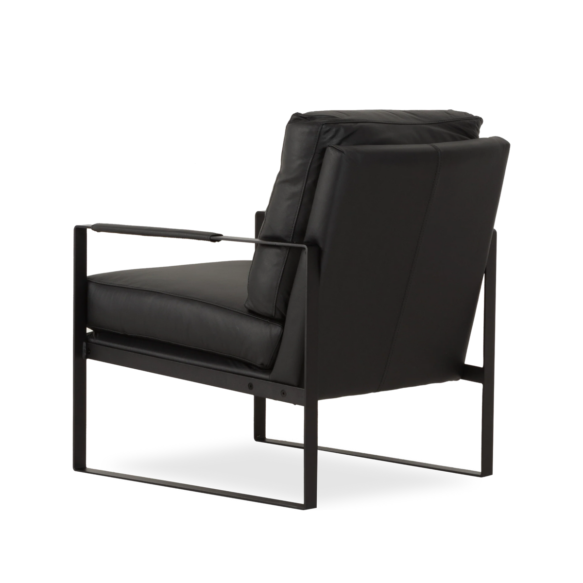 Angled rear view of the Atwater Lounge Chair in Black leather, showing the seamed leather back panel, visible frame hardware, and slim wrapped armrests.
