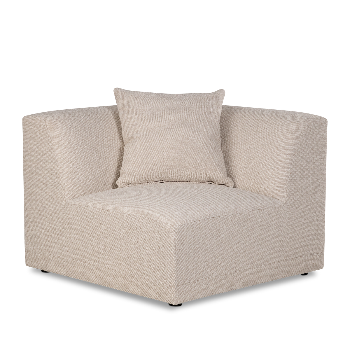 Arlo Modular corner section shown from an angled front view in Oatmeal flecked woven fabric, highlighting the wraparound back, square pillow and deep cushioned seat.