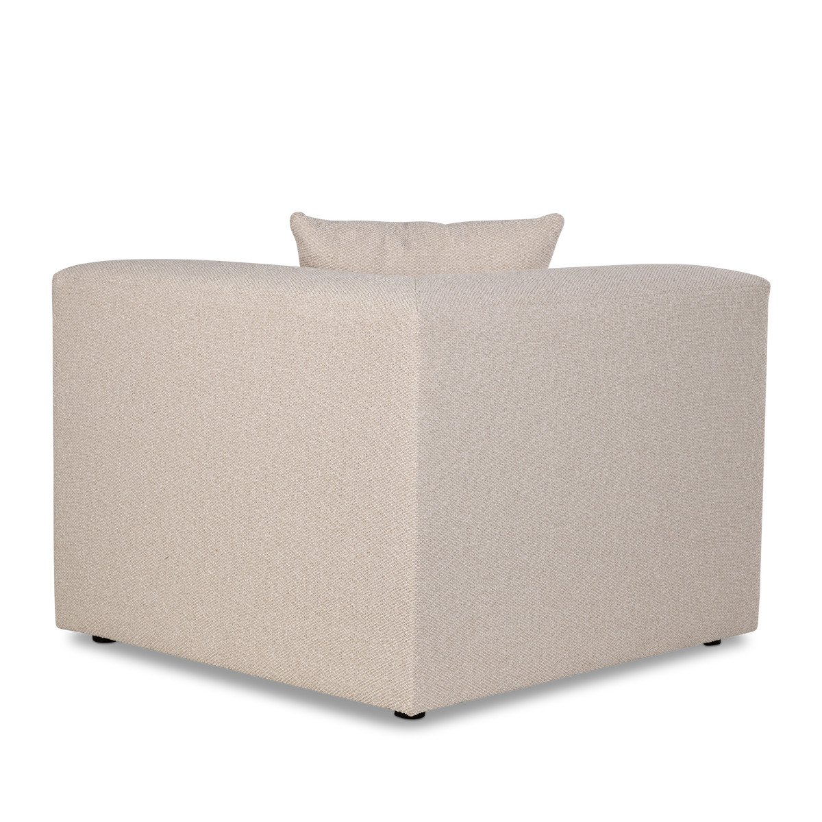 Angled rear view of the Arlo Modular corner section in Oatmeal woven fabric, showing the squared back panel, crisp corner seam and short black feet.