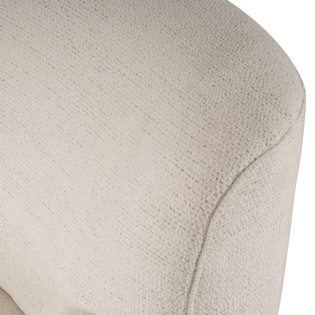 Close-up showing the curved back and arm edge of the Rowe Swivel Chair in Natural woven fabric, with a flecked texture and a piped seam along the curve.