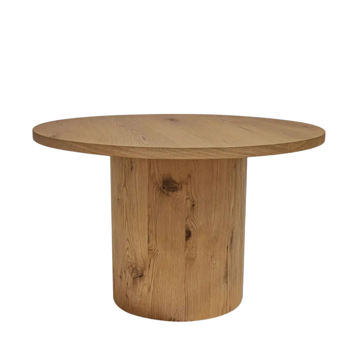 Weaver Dining Table with a broad round wood top, cylindrical pedestal base and visible natural grain and knots, shown from the front.