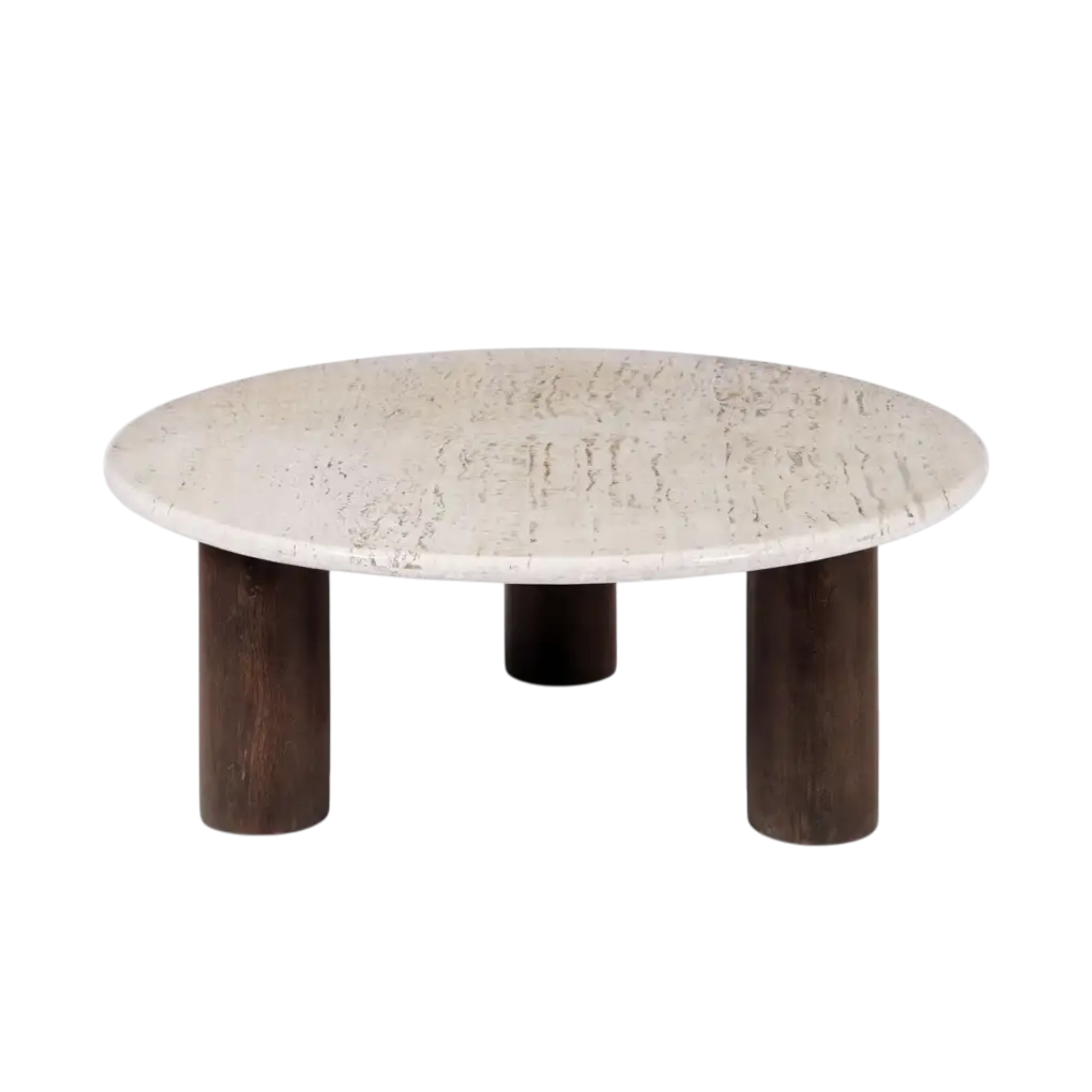 Front view of the Forma Coffee Table with a round beige travertine top and three cylindrical dark-stained mango wood legs.