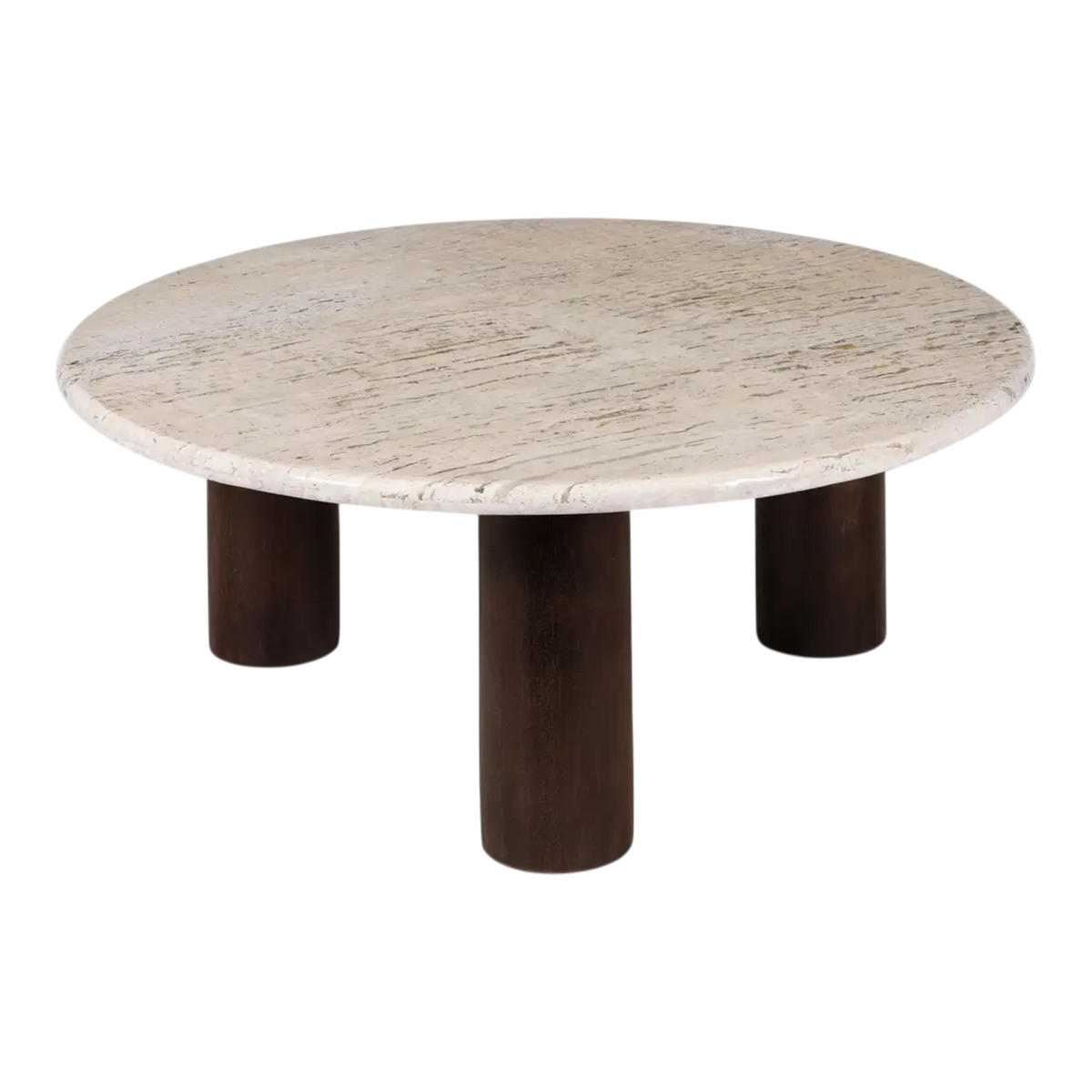 Angled view of the Forma Coffee Table highlighting the broad round travertine surface and sculptural column-style mango wood base.