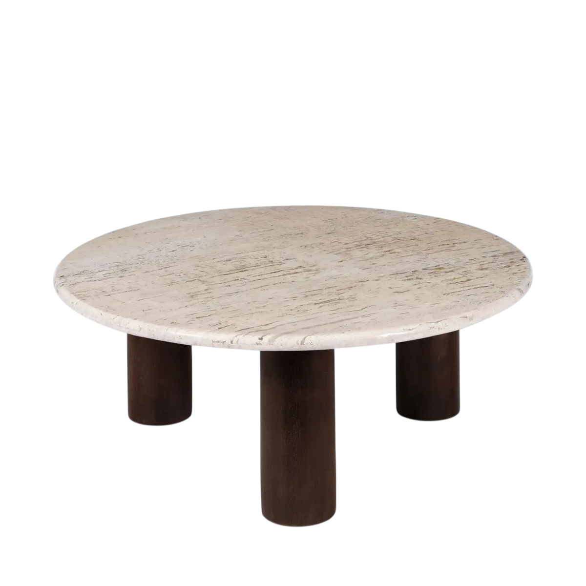 Angled view of the Forma Coffee Table highlighting the broad round travertine surface and sculptural column-style mango wood base.