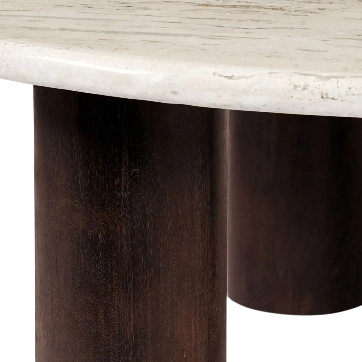 Detail view of the Forma Coffee Table highlighting the contrast between the textured travertine top and smooth dark-stained mango wood cylindrical legs.