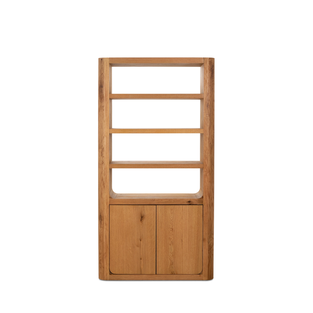Edge Cabinet shown from the front in honey oak, with three open shelves above and two flush doors below.