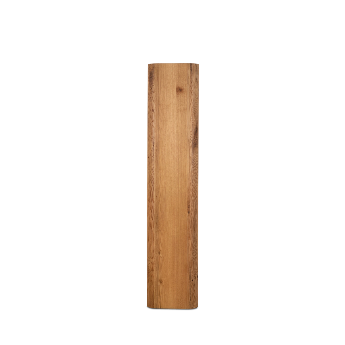 Edge Cabinet shown from the side in honey oak, with a single vertical oak panel and clear grain running the full height.