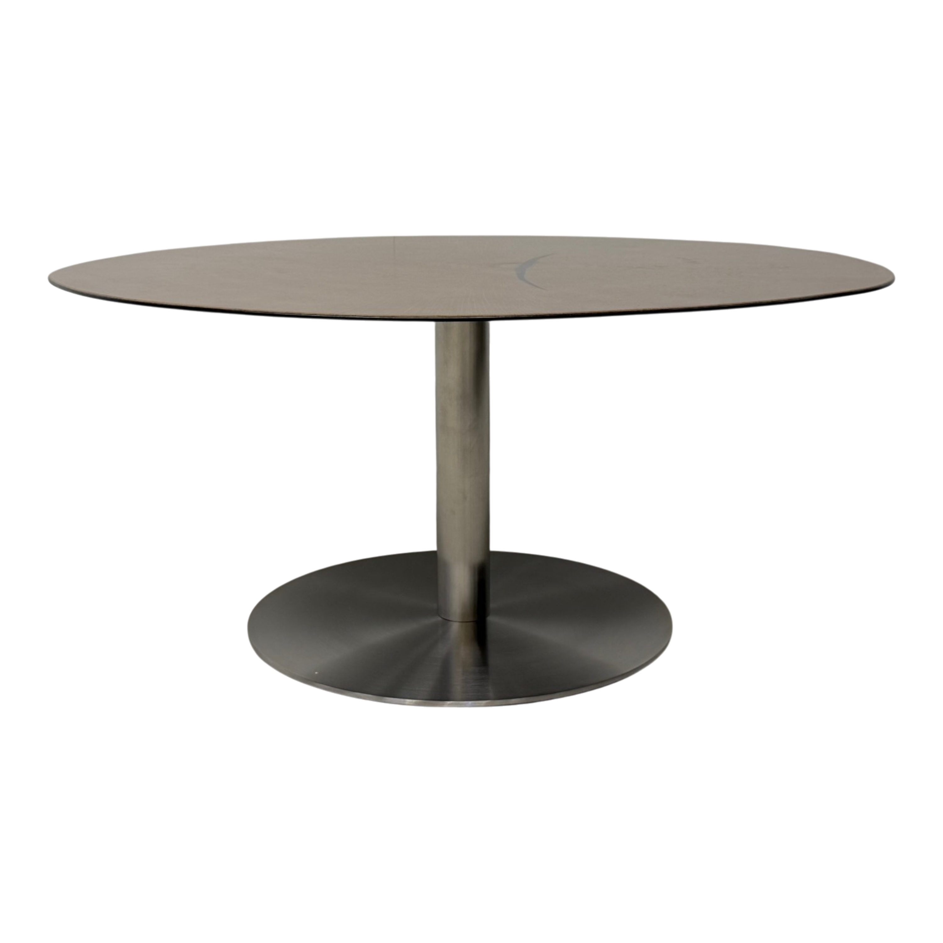 Wafer coffee table low, an oval coffee table with a dark brown wood-grain top and a brushed steel pedestal base, shown against a plain white background.