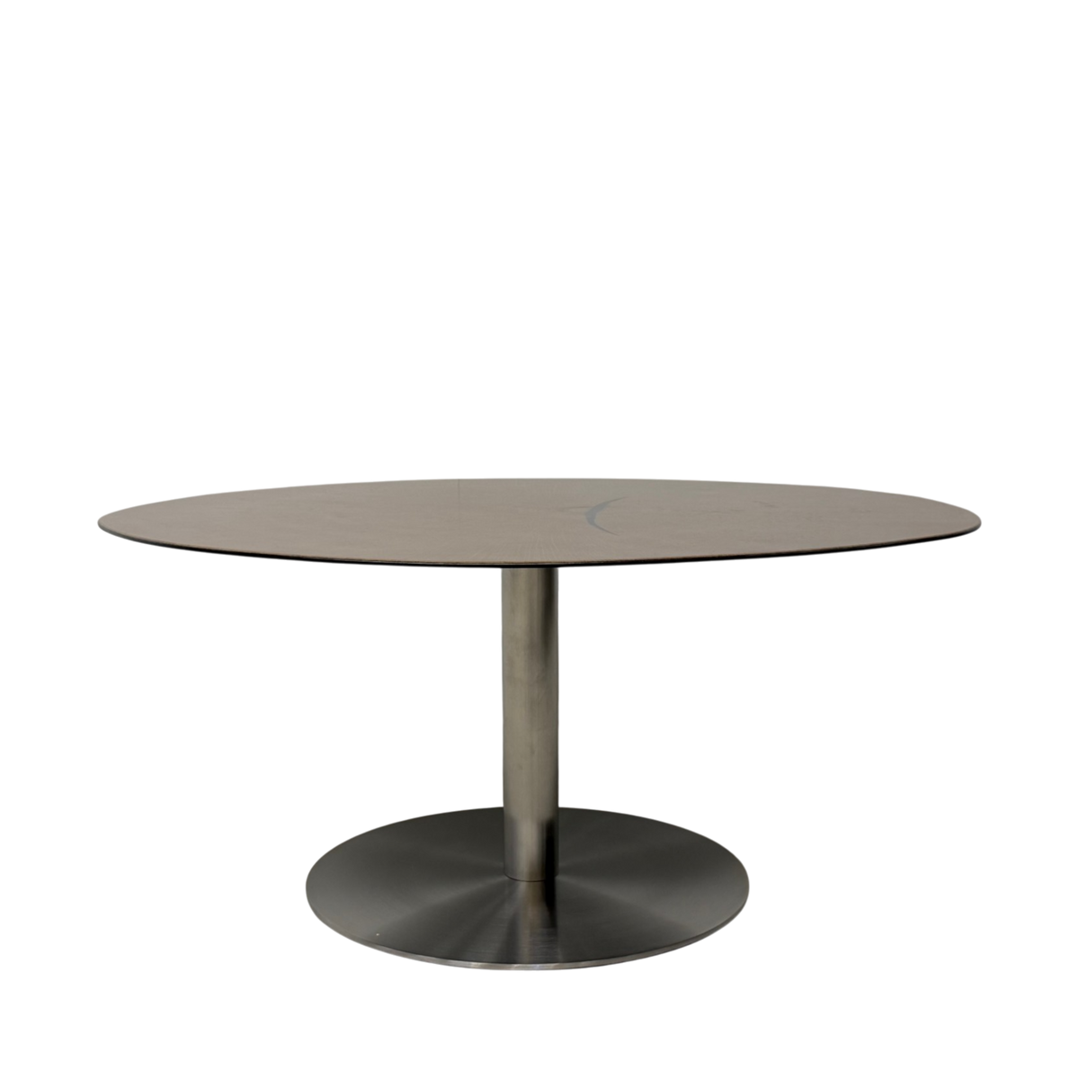 Wafer coffee table low, an oval coffee table with a dark brown wood-grain top and a brushed steel pedestal base, shown against a plain white background.