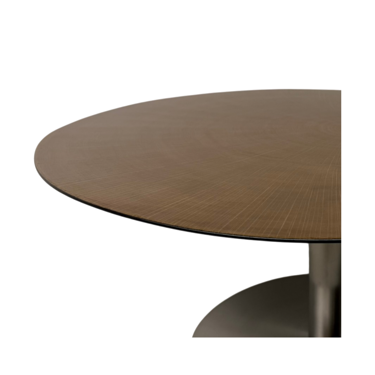 Wafer Coffee Table Low. Close-up of a round wooden coffee table top with a dark metal pedestal base on a white background.