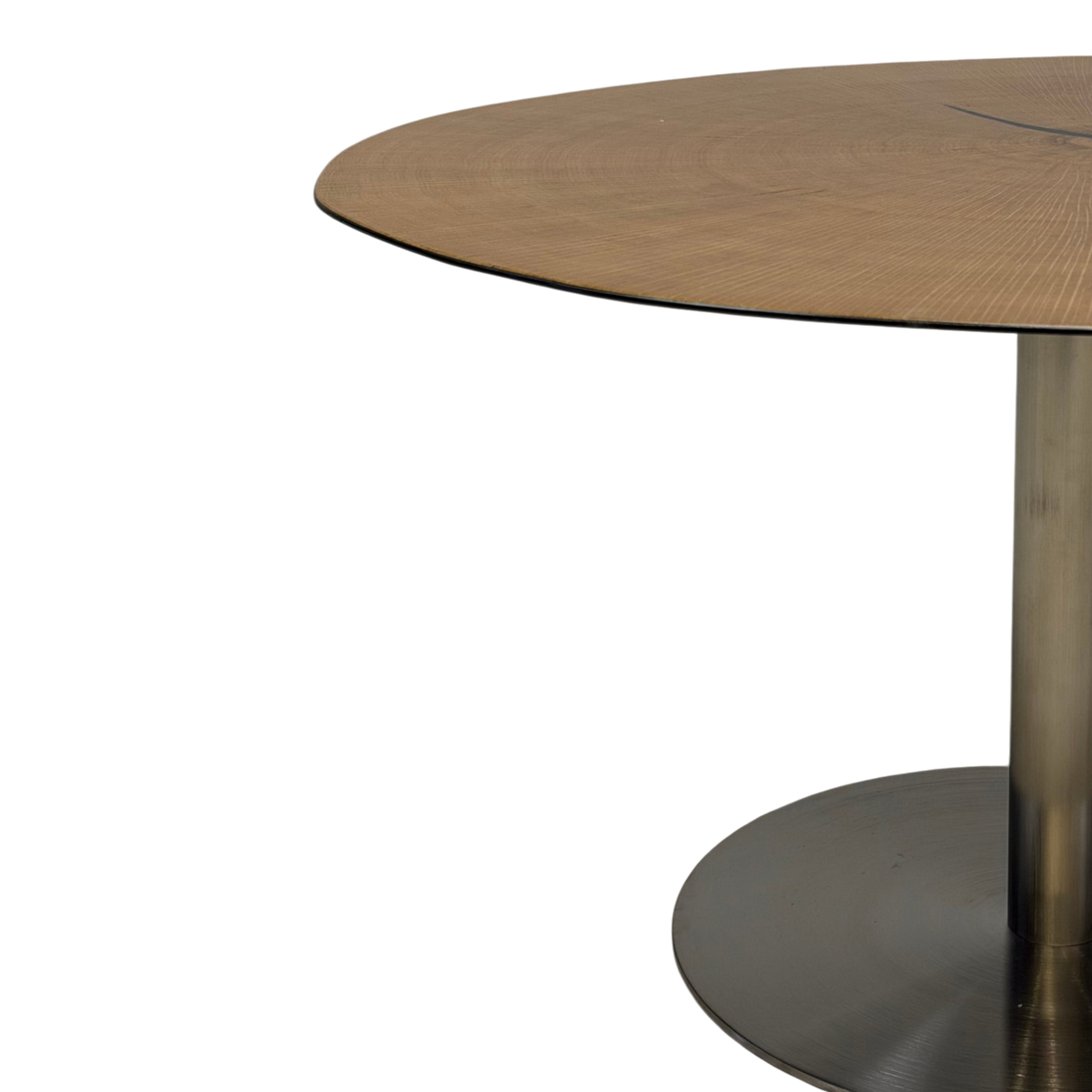 Wafer Coffee Table Tall Close-up of a round wooden coffee table with a brushed metal pedestal base and circular footplate, shown on a plain white background.