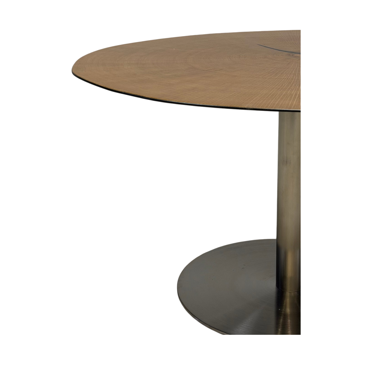 Wafer Coffee Table Tall Close-up of a round wooden coffee table with a brushed metal pedestal base and circular footplate, shown on a plain white background.