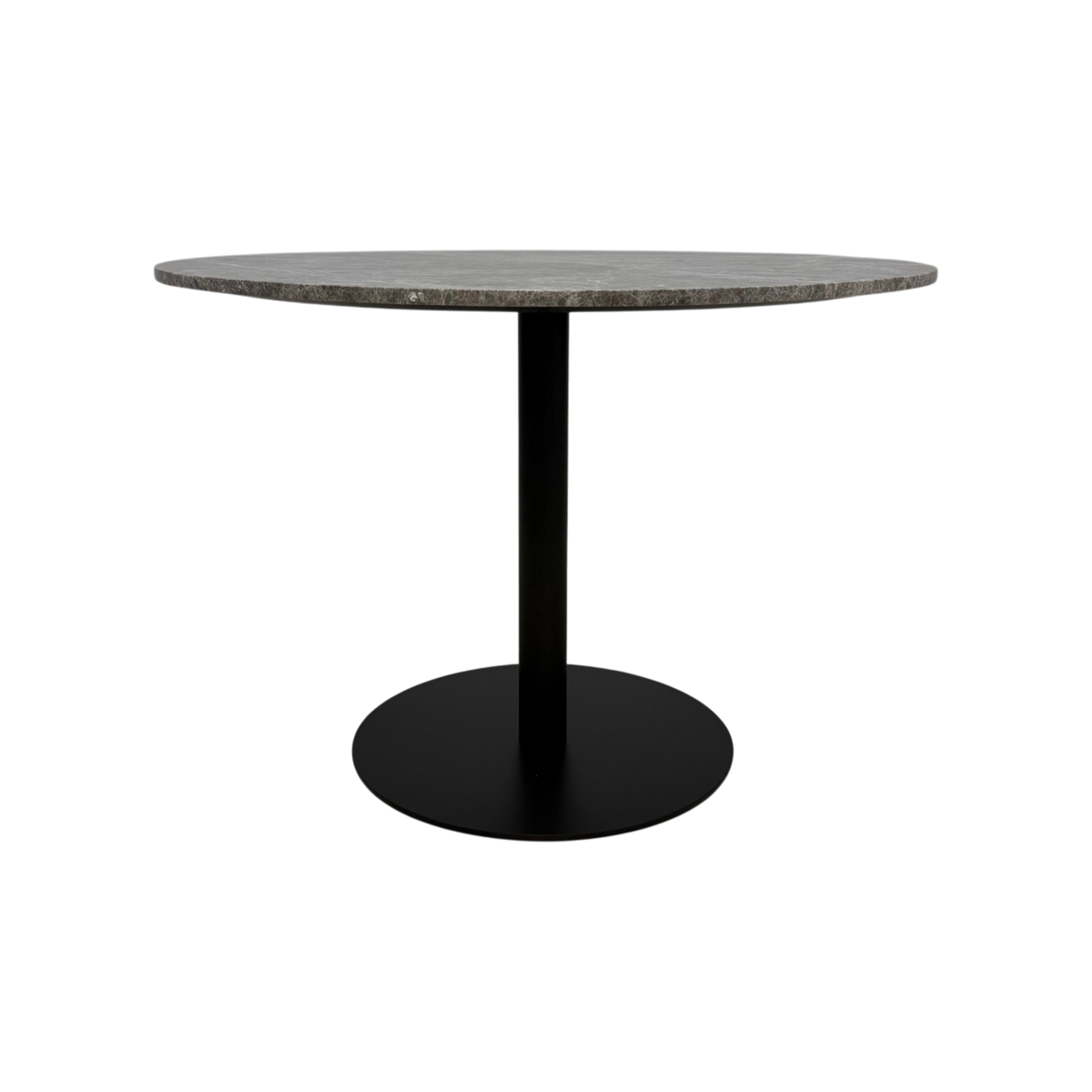 Bento Table. A round dining table with a dark gray stone-look top and a black metal pedestal base with a circular footplate, shown on a plain white background.