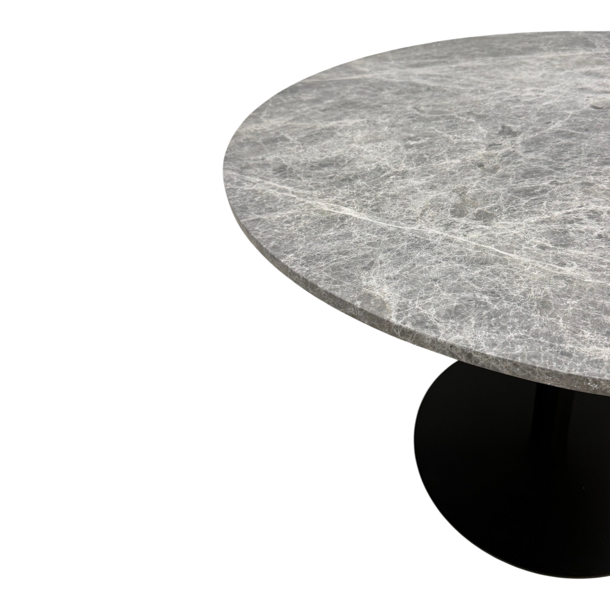 Bento Table. A close-up of a round dining table with a gray marble-look top featuring white veining and a black pedestal base, shown on a plain white background.