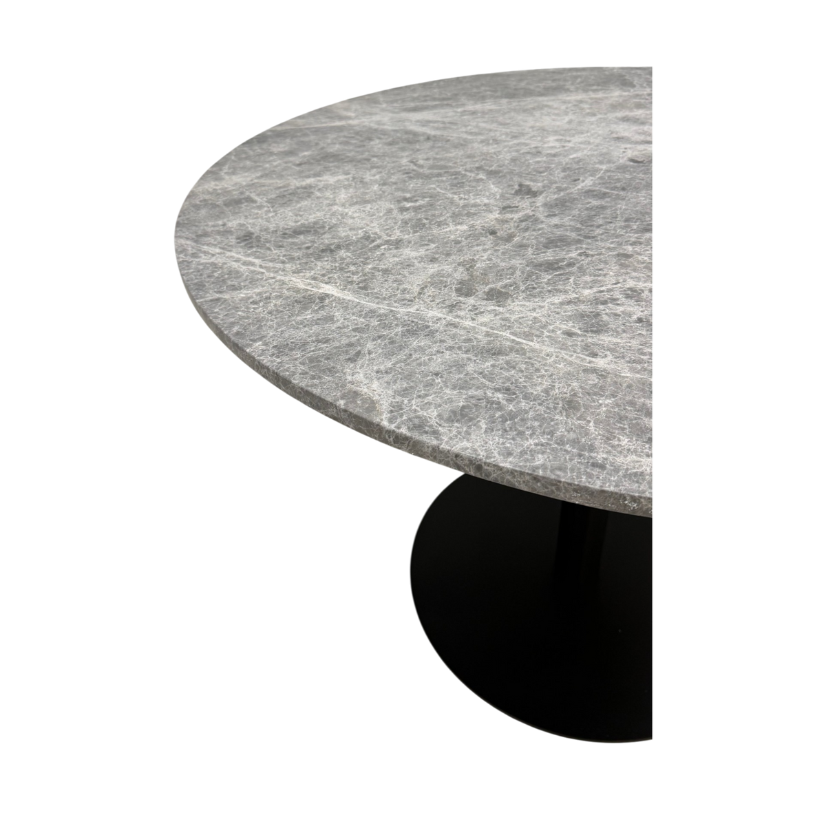 Bento Table. A close-up of a round dining table with a gray marble-look top featuring white veining and a black pedestal base, shown on a plain white background.