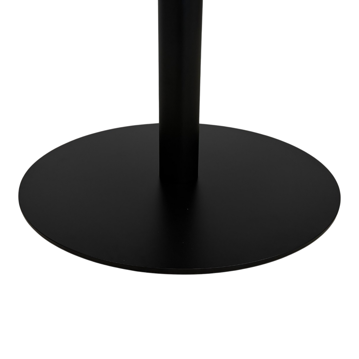 Bento Table. A close-up of a black metal stand base with a circular flat platform and a vertical cylindrical post, shown against a plain white background.
