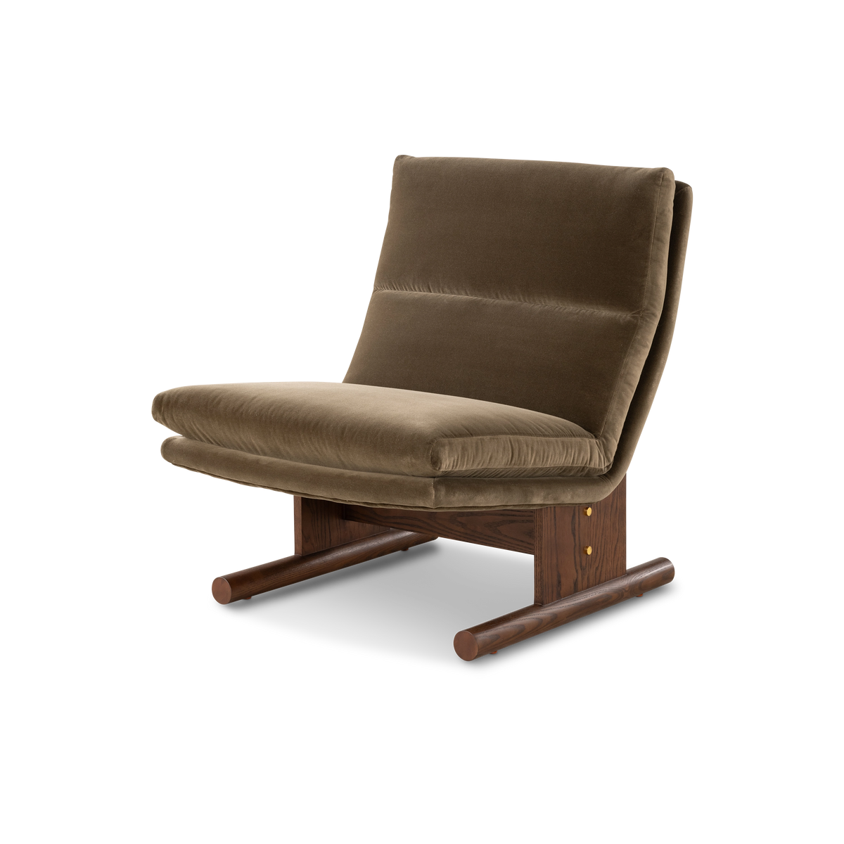 Wallace Lounge Chair in an angled front view in Olive Brown velvet with a channeled back, wide stacked seat cushion and walnut-finished ash sled base.