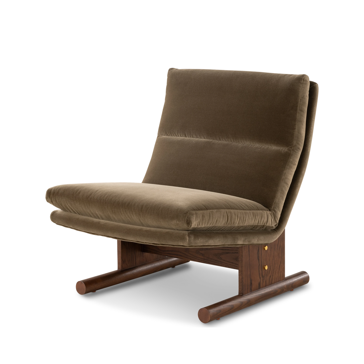 Wallace Lounge Chair in an angled front view in Olive Brown velvet with a channeled back, wide stacked seat cushion and walnut-finished ash sled base.