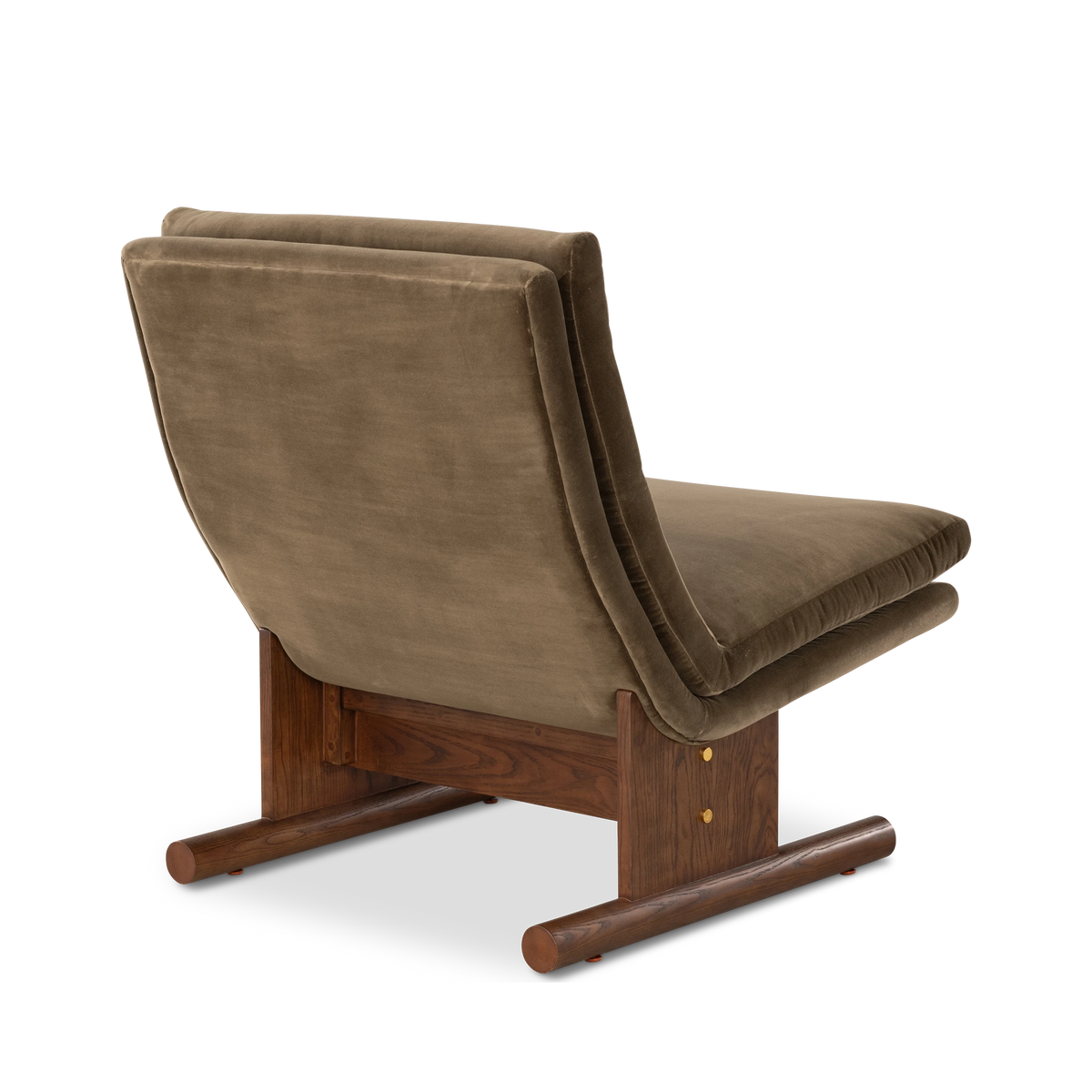 Wallace Lounge Chair in an angled rear view in Olive Brown velvet, highlighting the smooth curved back shell, the wood crossbar and the rounded ash runners.