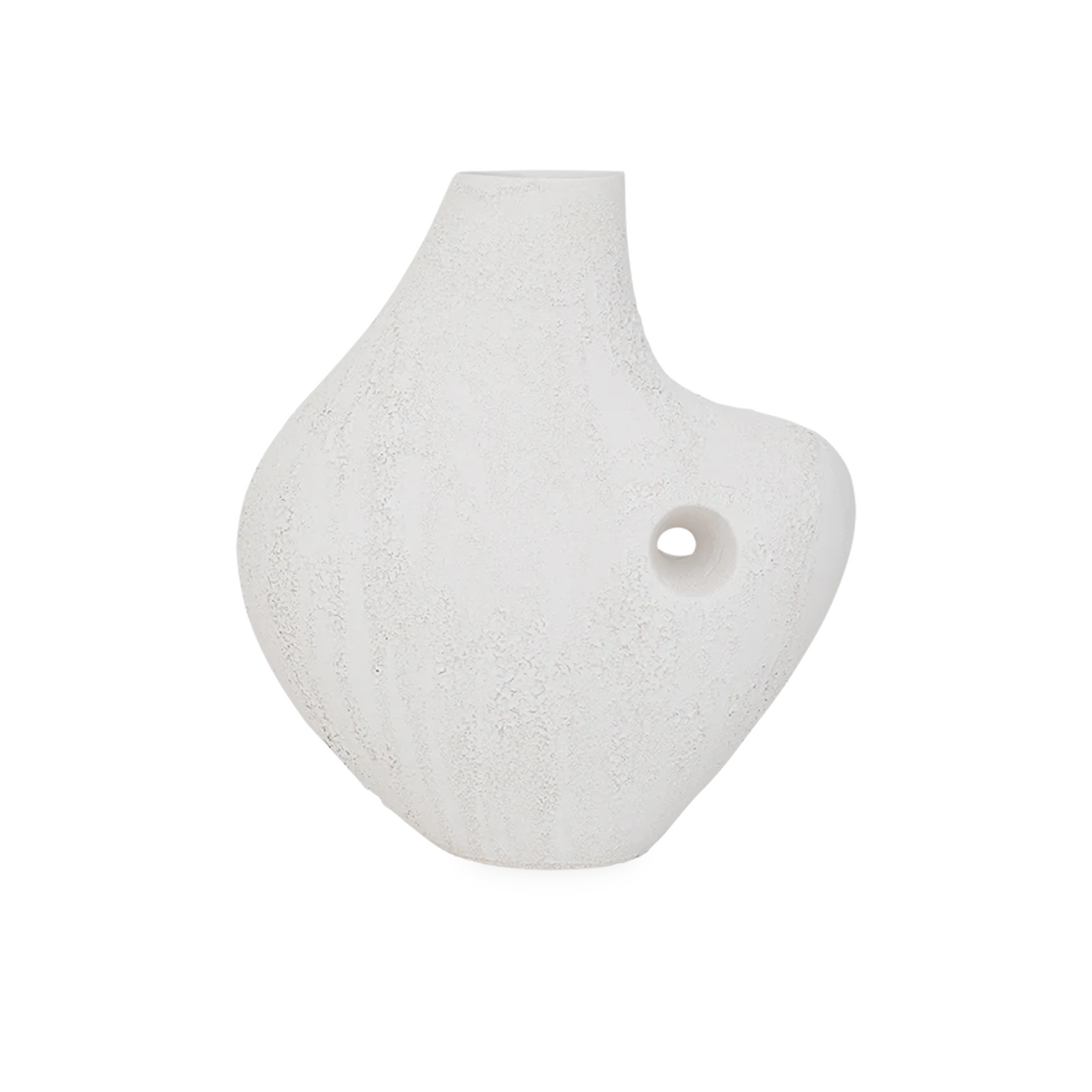 The Asymmetric Ceramic Vase is characterized by its organic, pleasantly yet imperfectly shaped silhouette that is finished in a volcano-like texture.