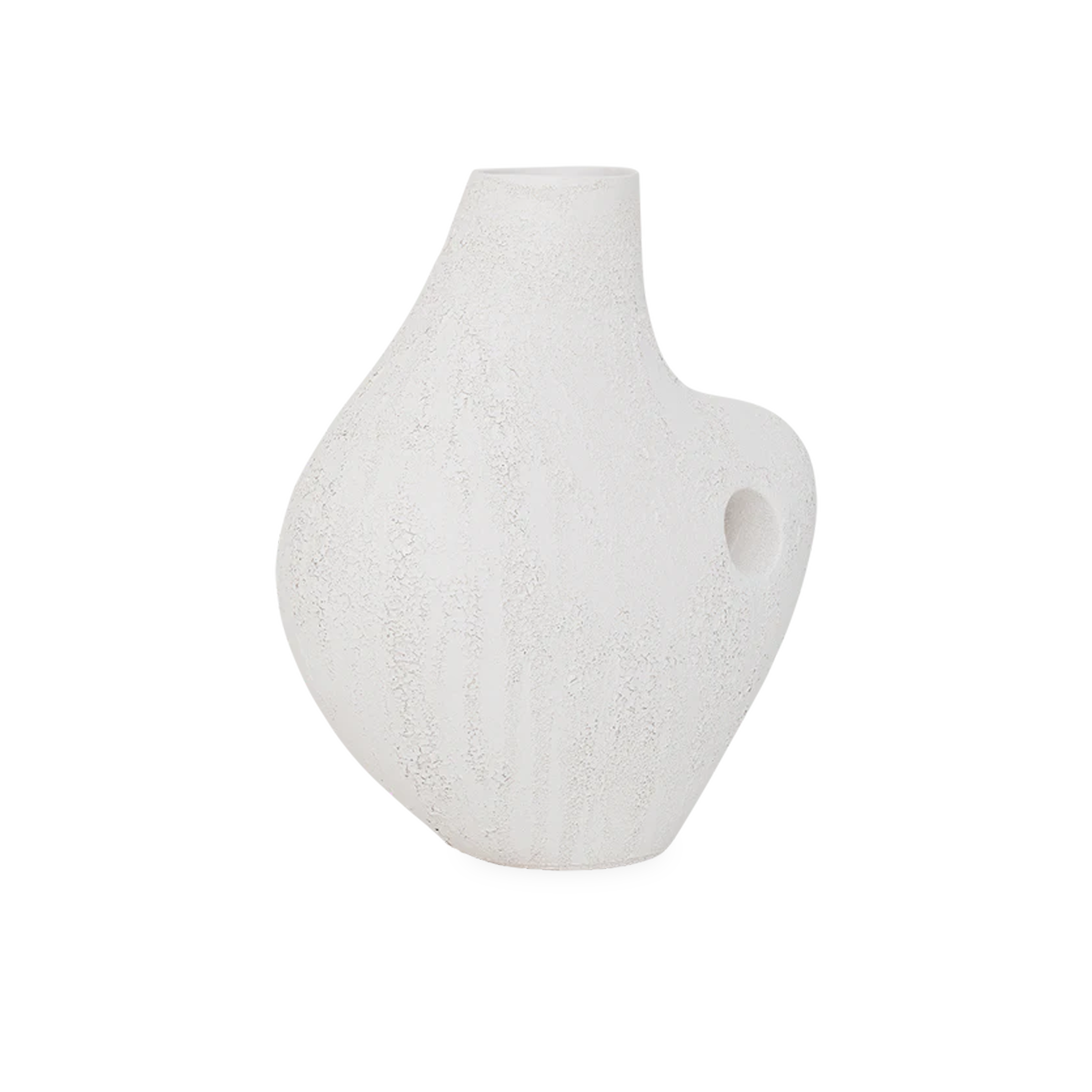 The Asymmetric Ceramic Vase is characterized by its organic, pleasantly yet imperfectly shaped silhouette that is finished in a volcano-like texture.