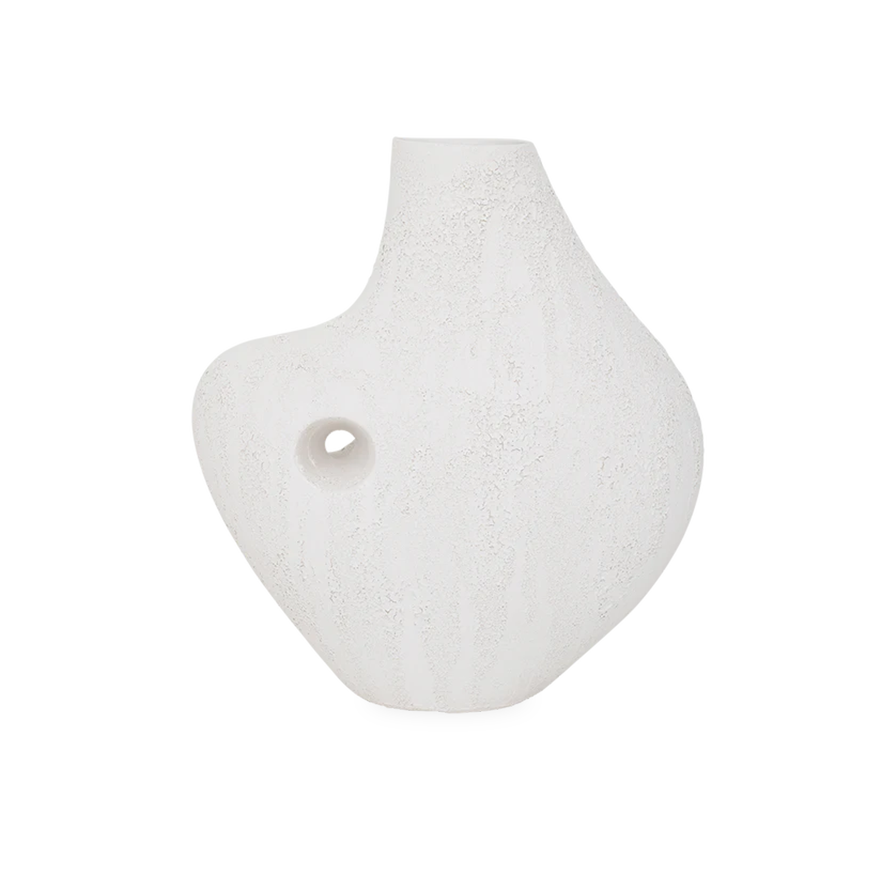 The Asymmetric Ceramic Vase is characterized by its organic, pleasantly yet imperfectly shaped silhouette that is finished in a volcano-like texture.