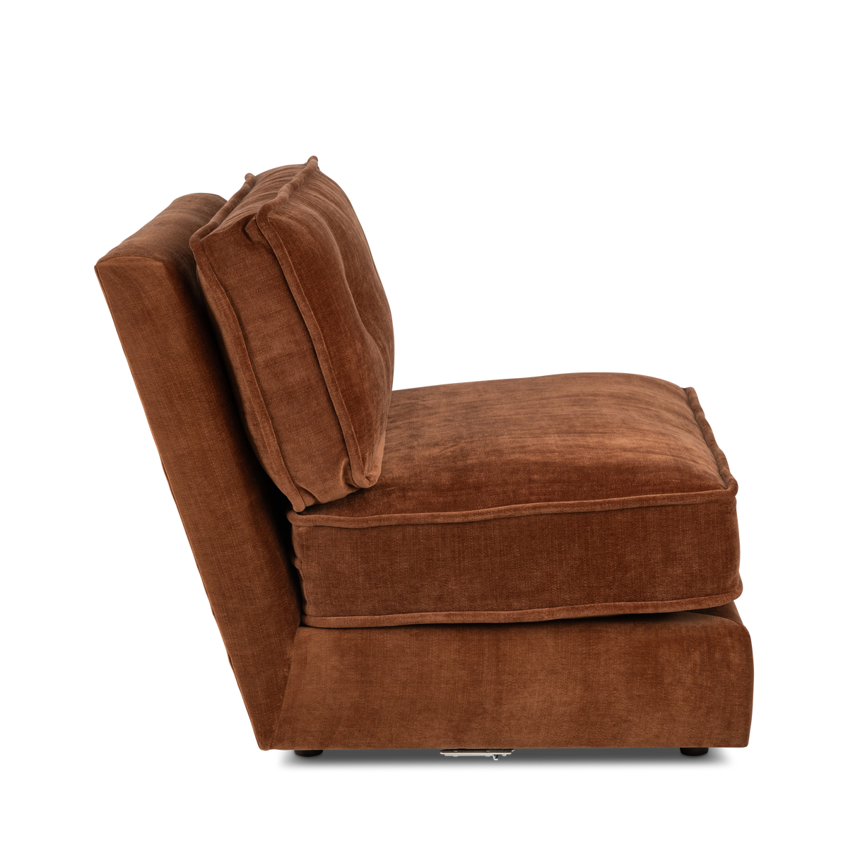 Side profile of the Loom Modular Armless Chair in sienna chenille, showing the piped cushion edges, the angled back cushion, and the tall slanted side panel.