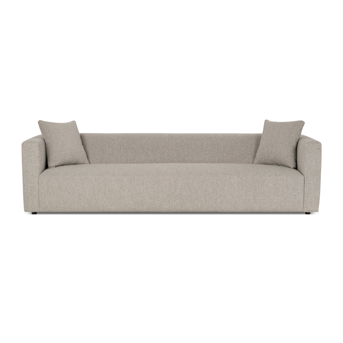 Ease Sofa shown from the front in Pebble textured fabric, with slim square arms, a long bench seat, and two square accent pillows.