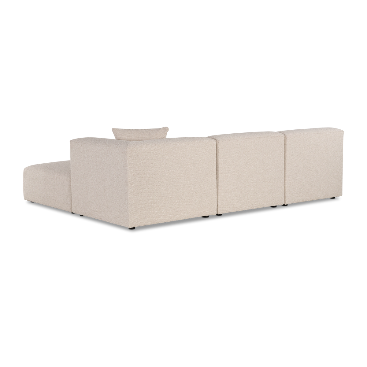 Angled rear view of the Arlo Modular Sectional in Oatmeal tweedy weave, showing the finished back panels, squared corner and low black feet.
