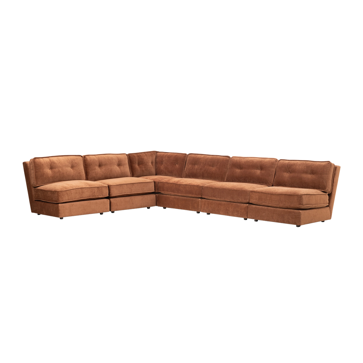 Angled view of the Loom Modular Sectional in sienna chenille, showing the L-shaped layout, the row of button-tufted back cushions, and the piped seat cushions above the low dark feet.
