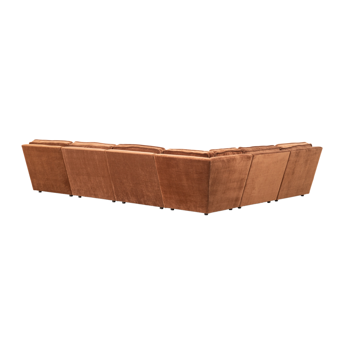 Loom Modular Sectional shown from the back in sienna chenille, highlighting the tapered panels behind each section and the dark feet beneath the base.