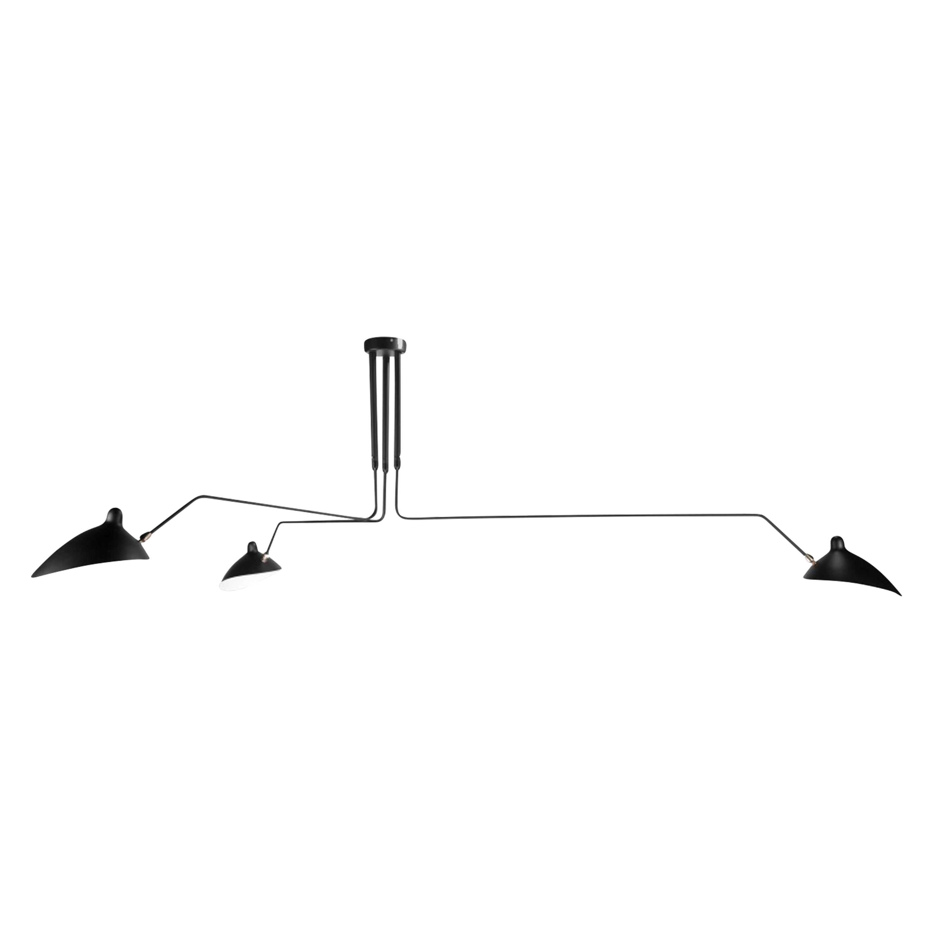 Adjustable black steel arms support three aluminum shades in this graphic and contemporary ceiling light.