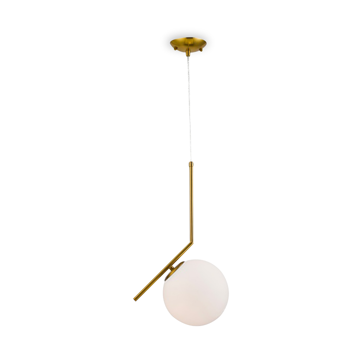 The Offsett Globe Pendant features a brass iron frame with a milk white glass shade.