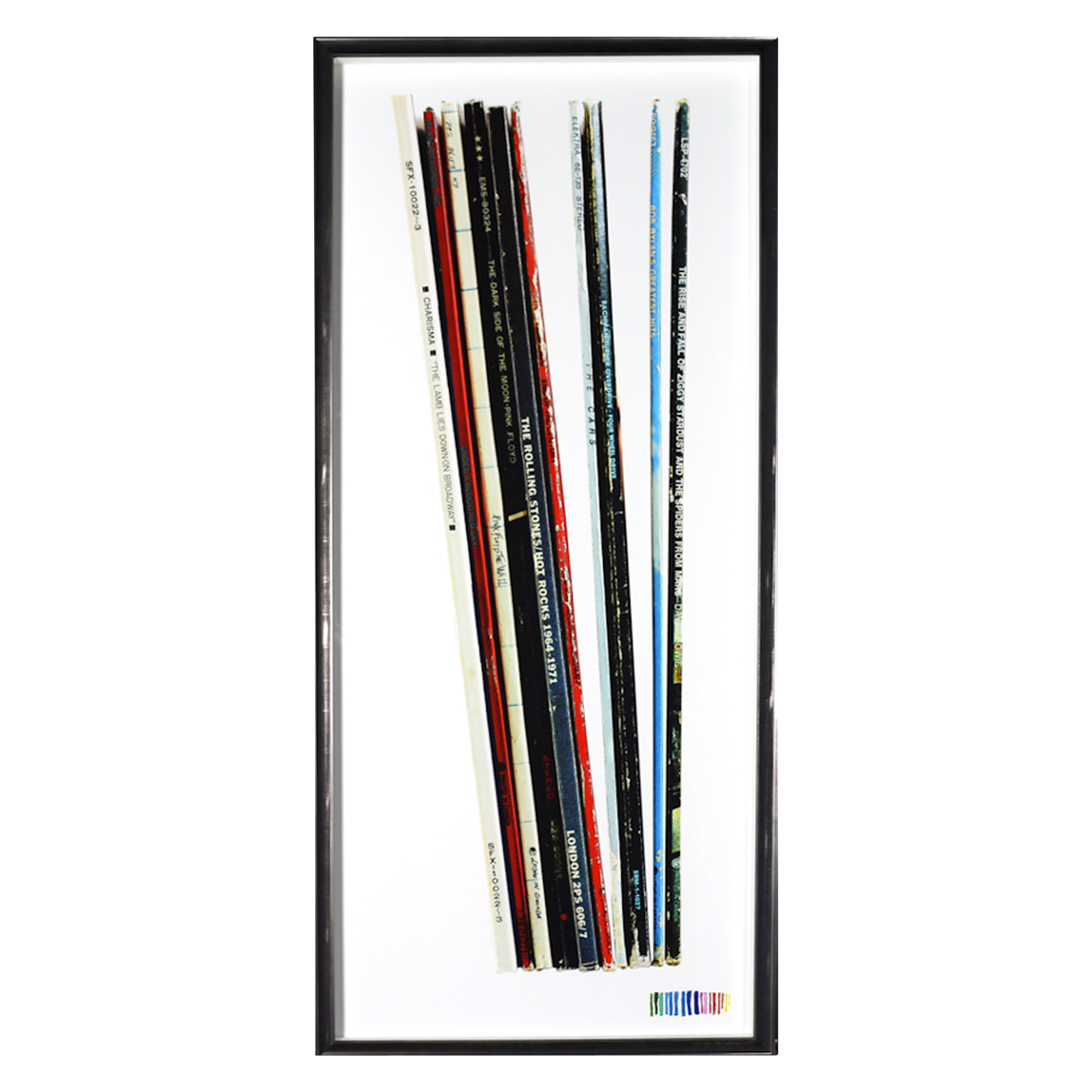A colourful large-scale photo of vintage albums, perfect for any music lover.