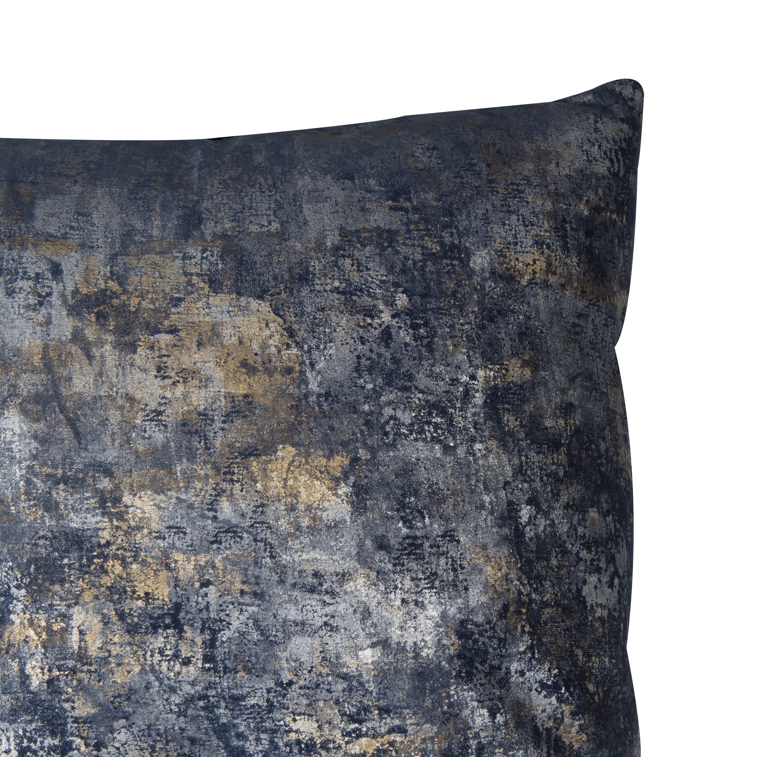 This pillow features an abstract medley of grey and blue tones.