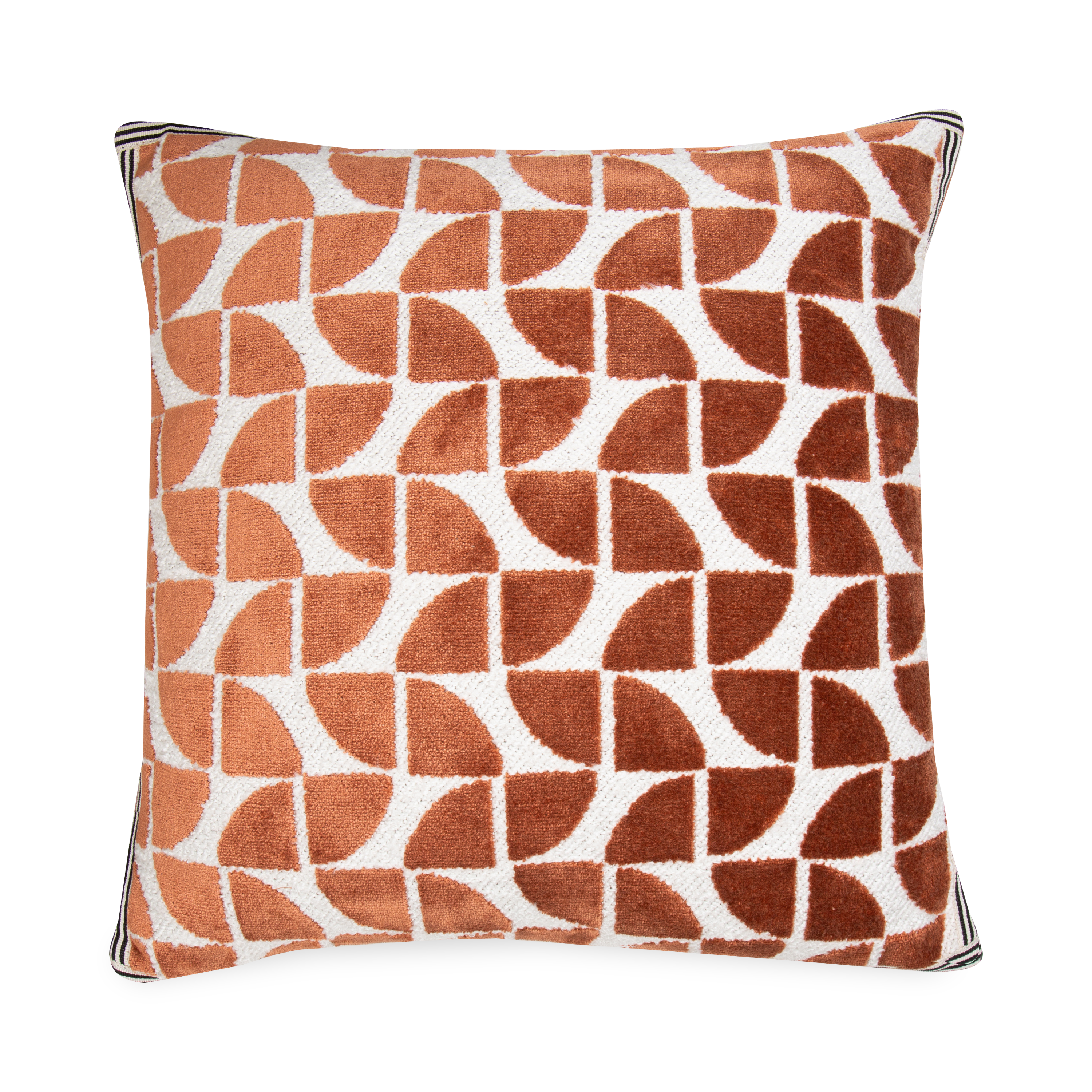 Reminiscent of leaves blowing in the wind, this pillow features a geometric play of an orange quarter-circle pattern that contrasts a textured white body.