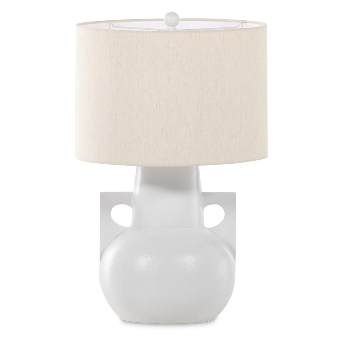 The Asher Table Lamp is finished in a modern matte white, cast aluminum forms a unique, shapely base, topped by a light beige cotton shade for contrast.